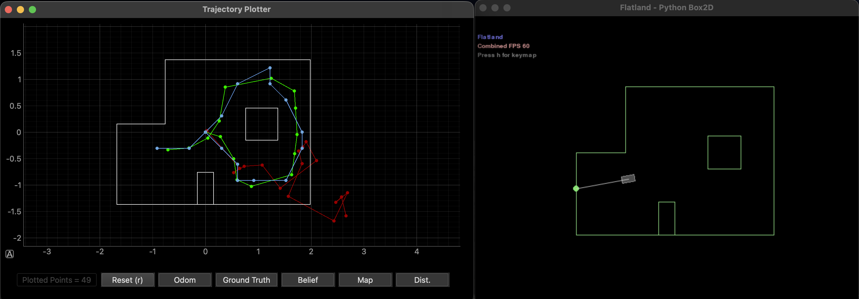 Lab 11 simulation run — Bayes filter belief tracks ground truth