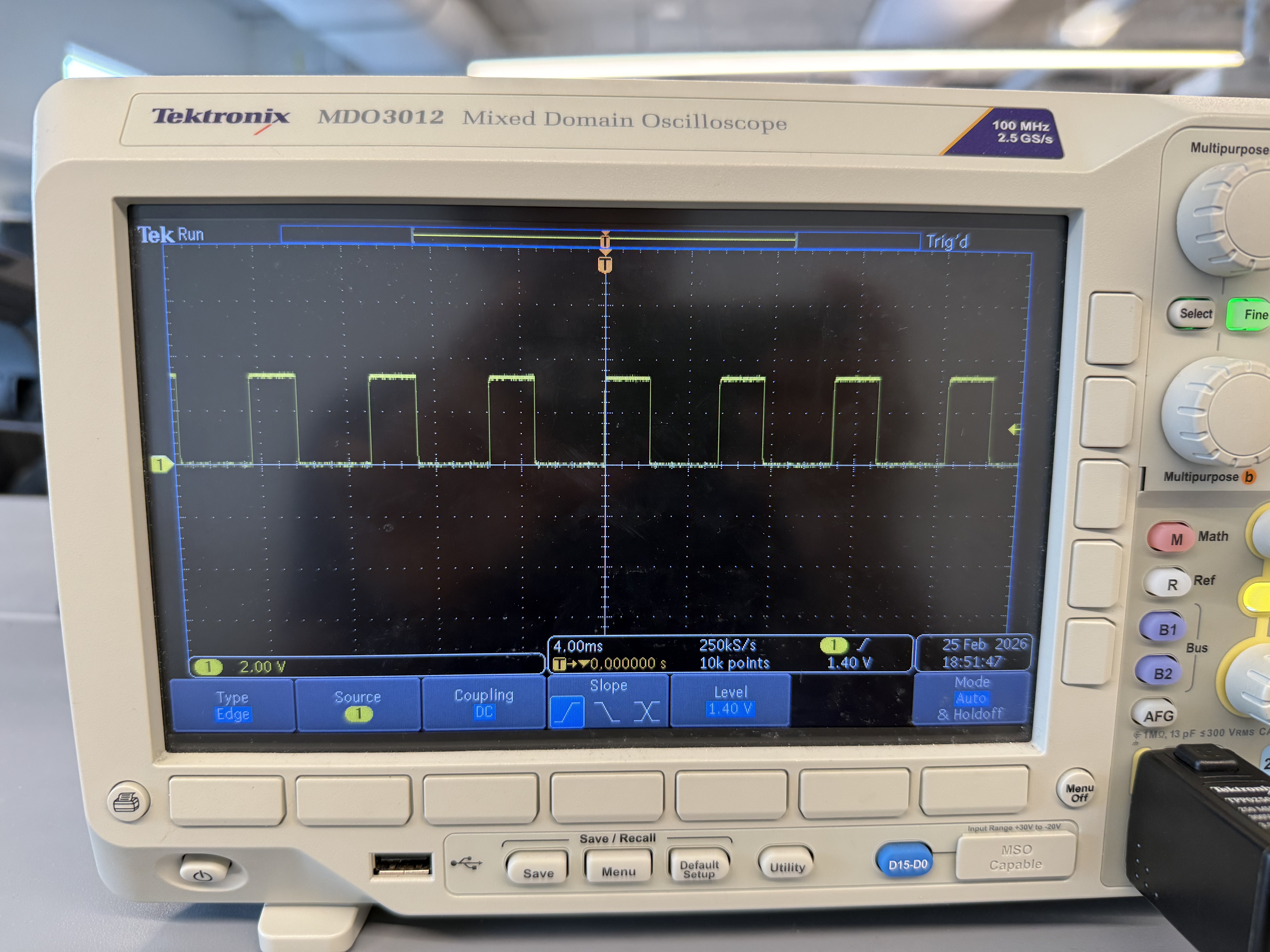 Oscilloscope showing the PWM square wave on the driver output